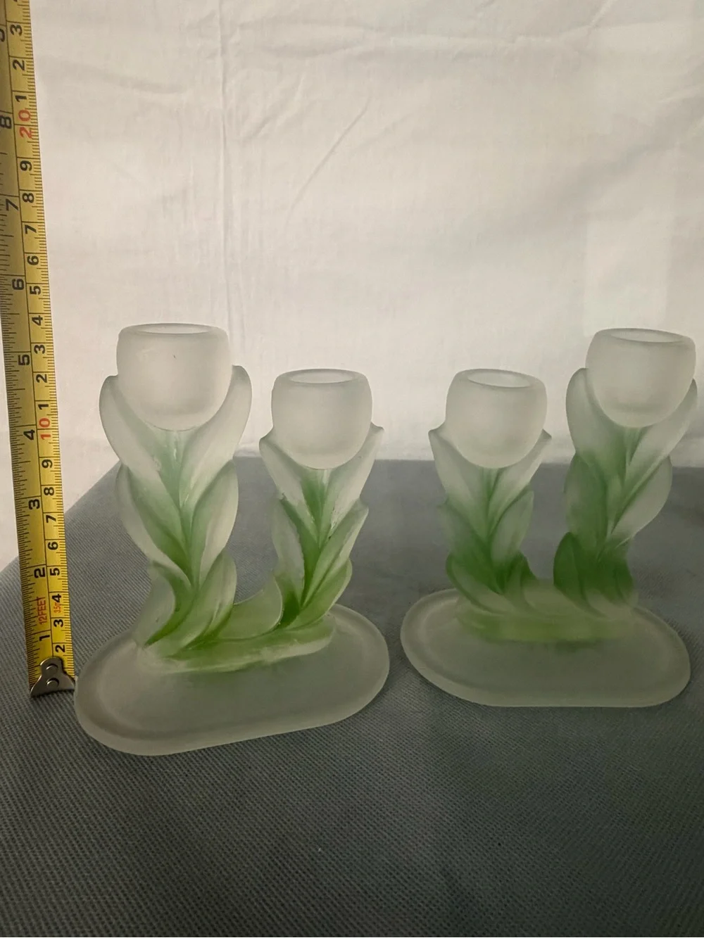 Pair Frosted Vintage Green White Glass Tulip Flower Candle Holders (F166)